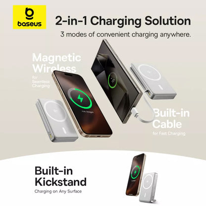 Baterie Externa Wireless Baseus Nomos Kickstand, 10000mAh, 45W, PD + QI, 1 x QI - 1 x USB-C, Neagra P10078800843-00