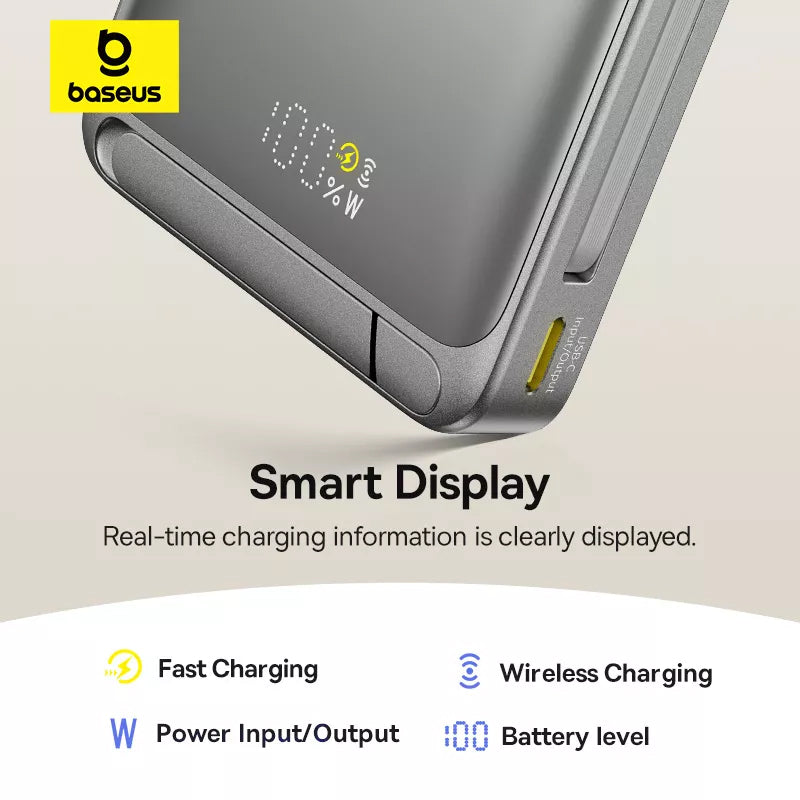 Baterie Externa Wireless Baseus Nomos Kickstand, 10000mAh, 45W, PD + QI, 1 x QI - 1 x USB-C, Neagra P10078800843-00