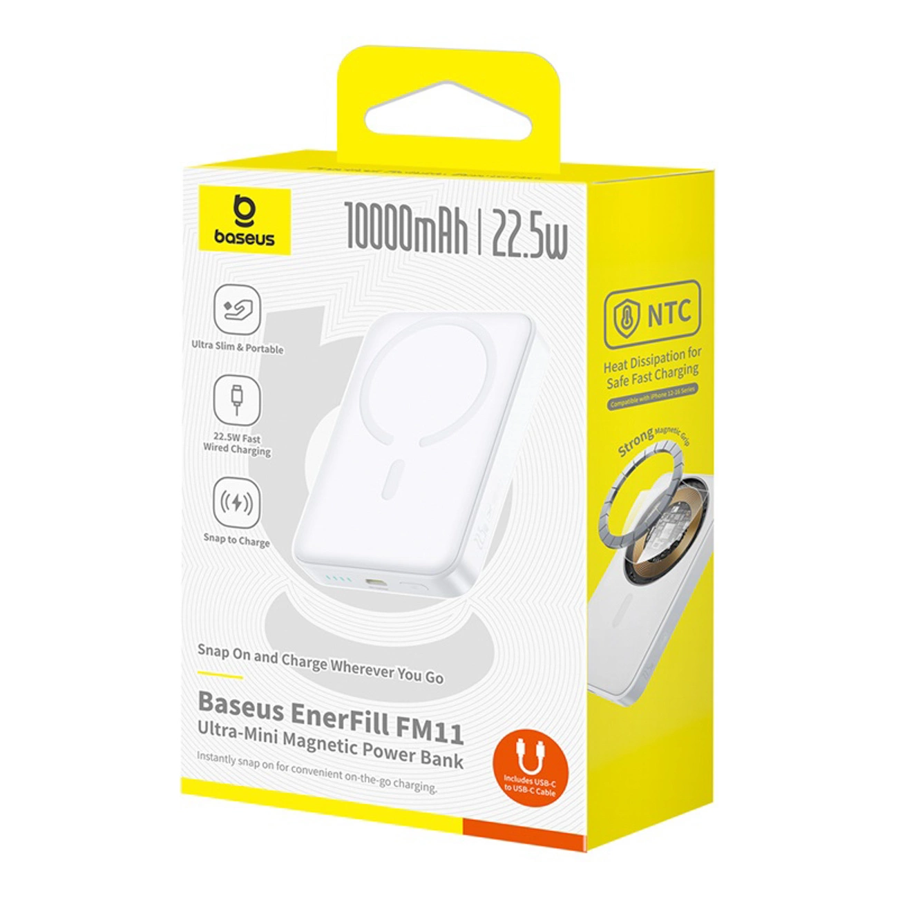 Baterie Externa Wireless Baseus EnerFill FM11 Ultra-Mini, 10000mAh, 22.5W, PD + FQI, 1 x QI - 1 x USB-C, Alba P1008210E213-00