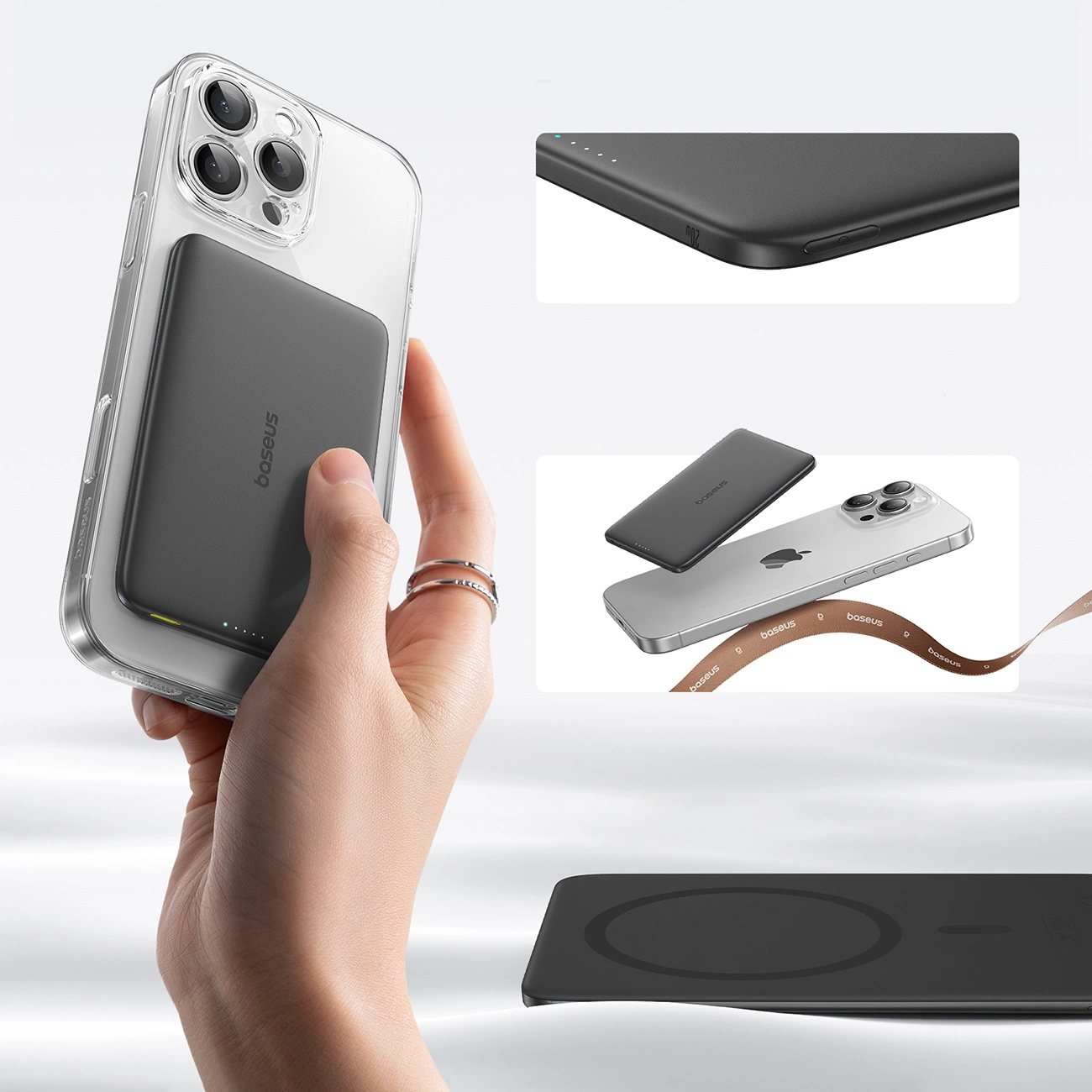 Baterie Externa Wireless Baseus PicoGo AM41, 5000mAh, 20W, PD + FQI, 1 x QI - 1 x USB-C, Neagra