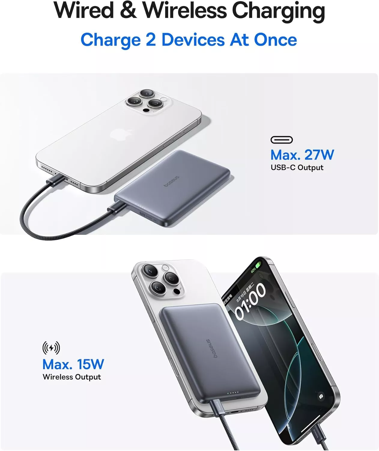 Baterie Externa Wireless Baseus PicoGo AM41, 10000mAh, 27W, PD + FQI, 1 x QI - 1 x USB-C, Gri E0027200