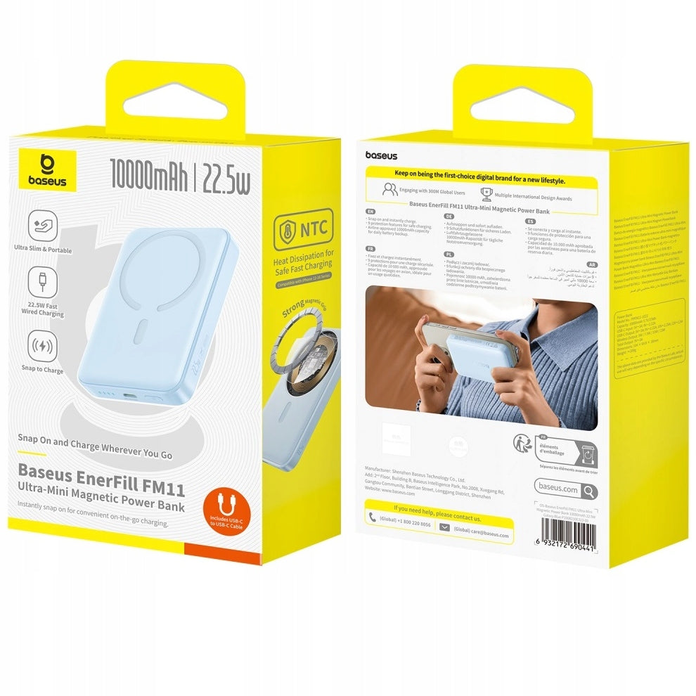 Baterie Externa Wireless Baseus EnerFill FM11 Ultra-Mini, 10000mAh, 22.5W, PD + FQI, 1 x QI - 1 x USB-C, Albastra P1008210E313-00