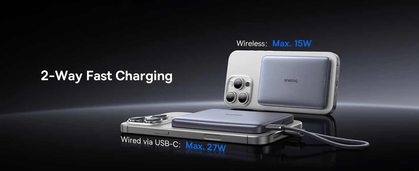 Baterie Externa Wireless Baseus PicoGo AM41, 10000mAh, 27W, PD + FQI, 1 x QI - 1 x USB-C, Bej E0027203