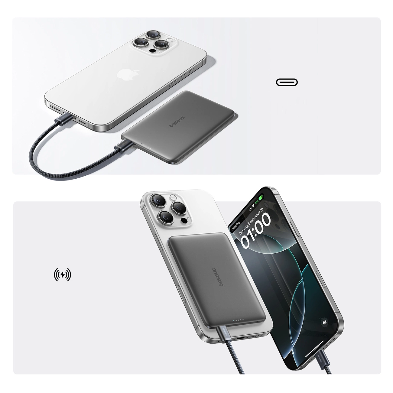 Baterie Externa Wireless Baseus PicoGo AM41, 5000mAh, 20W, PD + FQI, 1 x QI - 1 x USB-C, Neagra