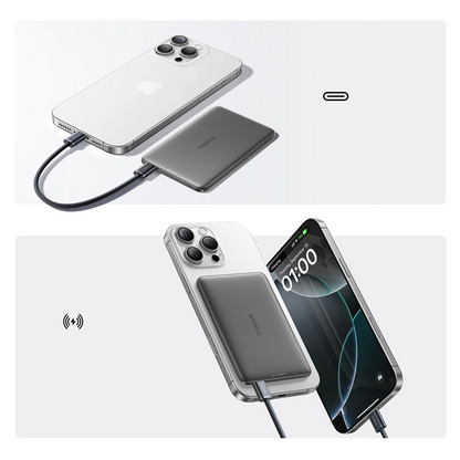 Baterie Externa Wireless Baseus PicoGo AM41, 5000mAh, 20W, PD + FQI, 1 x QI - 1 x USB-C, Neagra