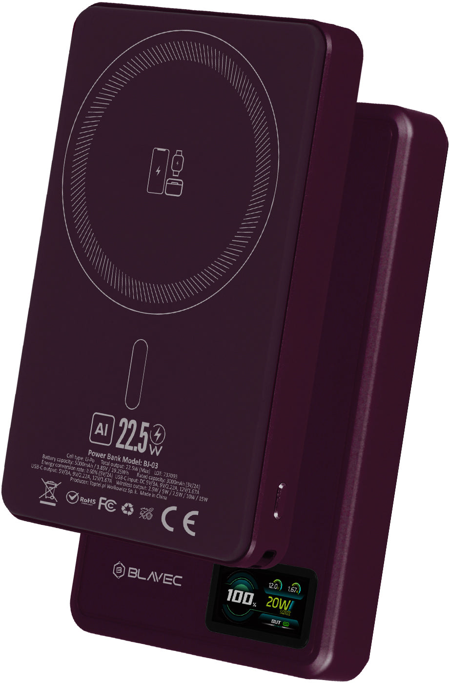 Baterie Externa Wireless Blavec BJ-03 Slim, 10000mAh, 22.5W, PD + FQI, 1 x QI - 1 x USB-C, Mov