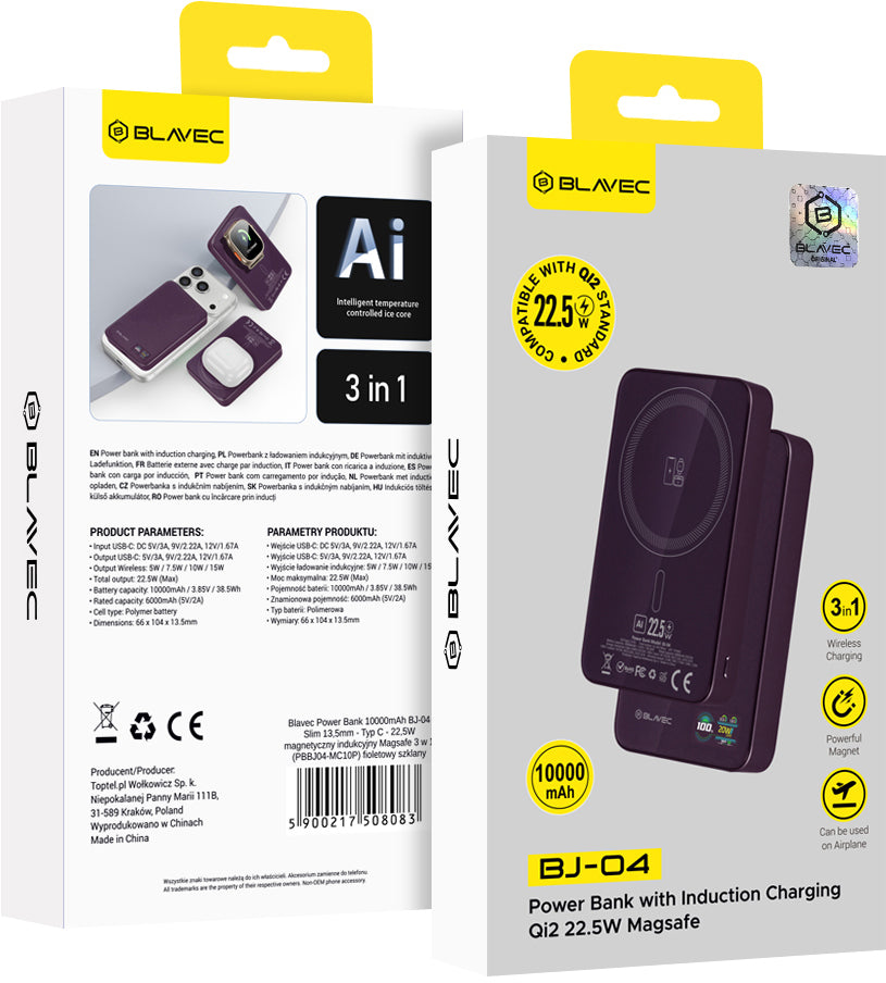 Baterie Externa Wireless Blavec BJ-04 Slim, 10000mAh, 22.5W, PD + FQI, 1 x QI - 1 x USB-C, Mov