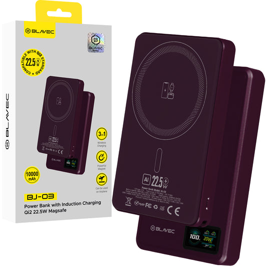 Baterie Externa Wireless Blavec BJ-03 Slim, 10000mAh, 22.5W, PD + FQI, 1 x QI - 1 x USB-C, Mov