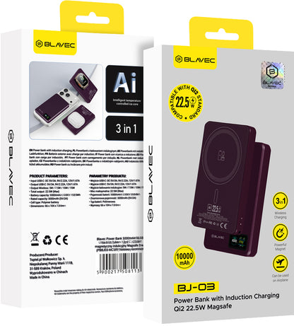Baterie Externa Wireless Blavec BJ-03 Slim, 10000mAh, 22.5W, PD + FQI, 1 x QI - 1 x USB-C, Mov