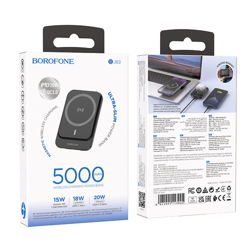 Baterie Externa Wireless Borofone BJ63 Nimble, 5000mAh, 20W, PD + FQI, 1 x QI - 1 x USB-C, Neagra