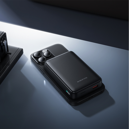 Baterie Externa Wireless Borofone BJ82A Dawn, 10000mAh, 22.5W, QC + PD + FQI, 1 x QI - 1 x USB-A - 1 x USB-C, Neagra