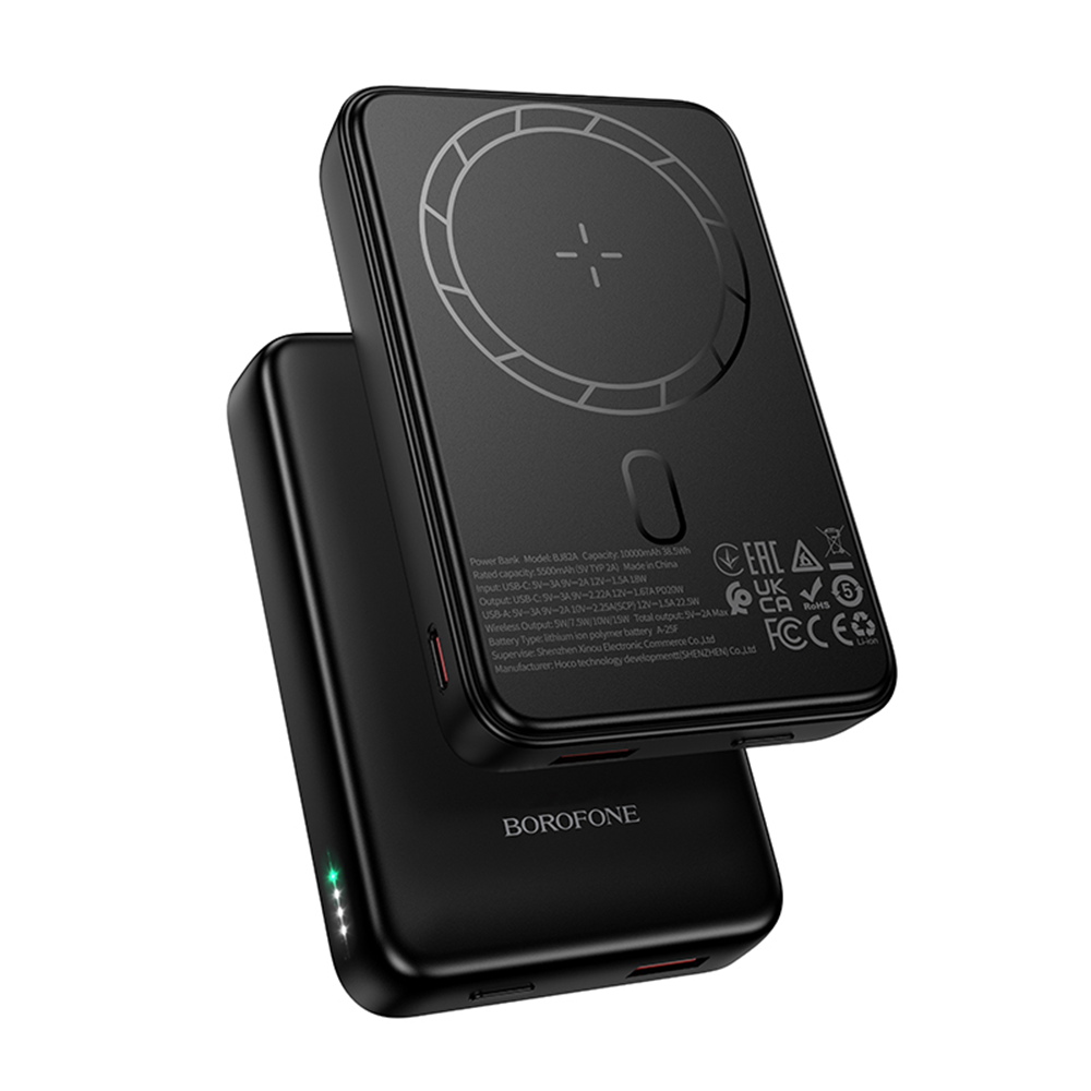 Baterie Externa Wireless Borofone BJ82A Dawn, 10000mAh, 22.5W, QC + PD + FQI, 1 x QI - 1 x USB-A - 1 x USB-C, Neagra