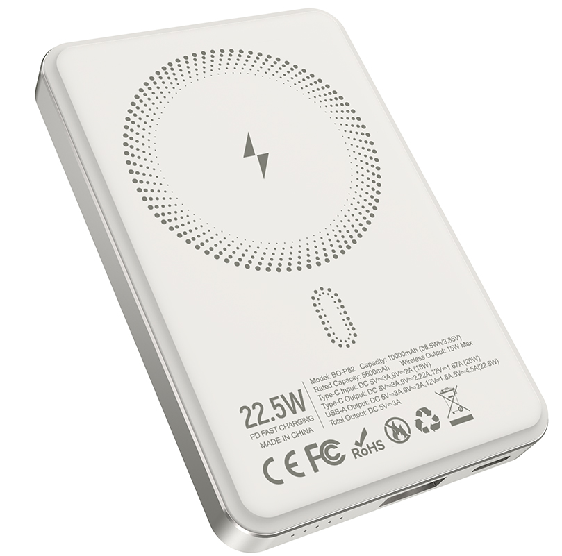 Baterie Externa Wireless BWOO BO-P82, 10000mAh, 22.5W, PD + FQI, 1 x QI - 1 x USB-C, Alba