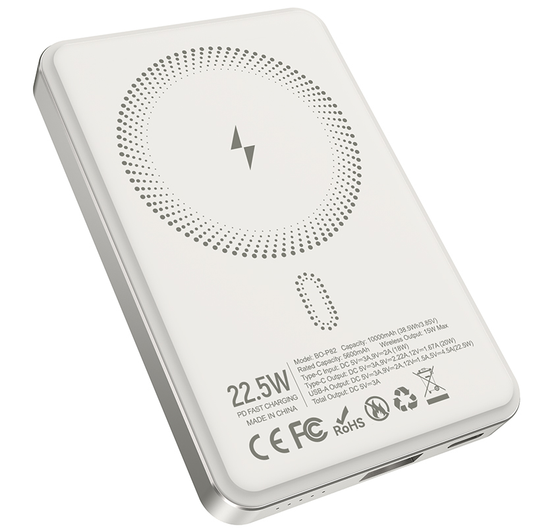 Baterie Externa Wireless BWOO BO-P82, 10000mAh, 22.5W, PD + FQI, 1 x QI - 1 x USB-C, Alba