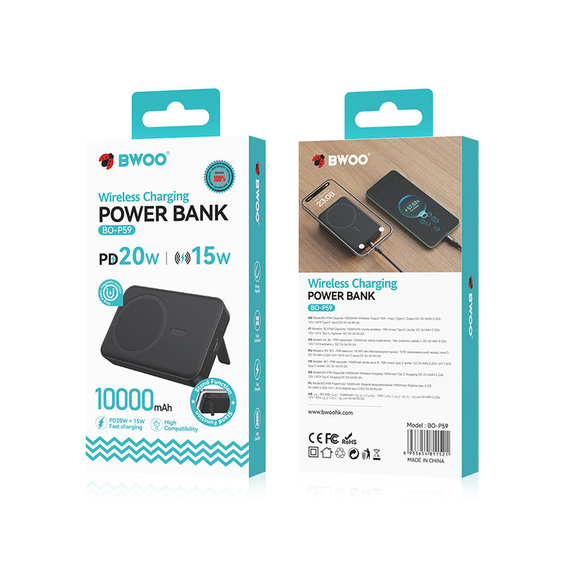 Baterie Externa Wireless BWOO BO-P59, 10000mAh, 20W, PD + FQI, 1 x QI - 1 x USB-C, Neagra