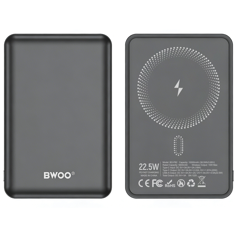 Baterie Externa Wireless BWOO BO-P82, 10000mAh, 22.5W, PD + FQI, 1 x QI - 1 x USB-C, Gri