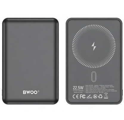 Baterie Externa Wireless BWOO BO-P82, 10000mAh, 22.5W, PD + FQI, 1 x QI - 1 x USB-C, Gri