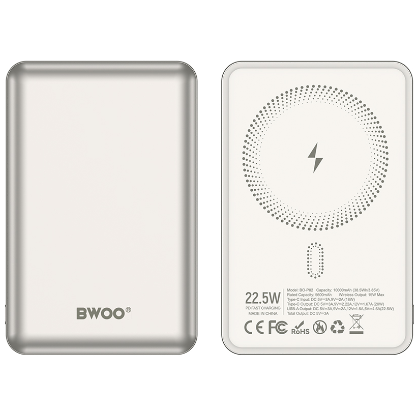 Baterie Externa Wireless BWOO BO-P82, 10000mAh, 22.5W, PD + FQI, 1 x QI - 1 x USB-C, Alba