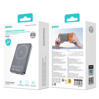 Baterie Externa Wireless BWOO BO-P82, 10000mAh, 22.5W, PD + FQI, 1 x QI - 1 x USB-C, Gri