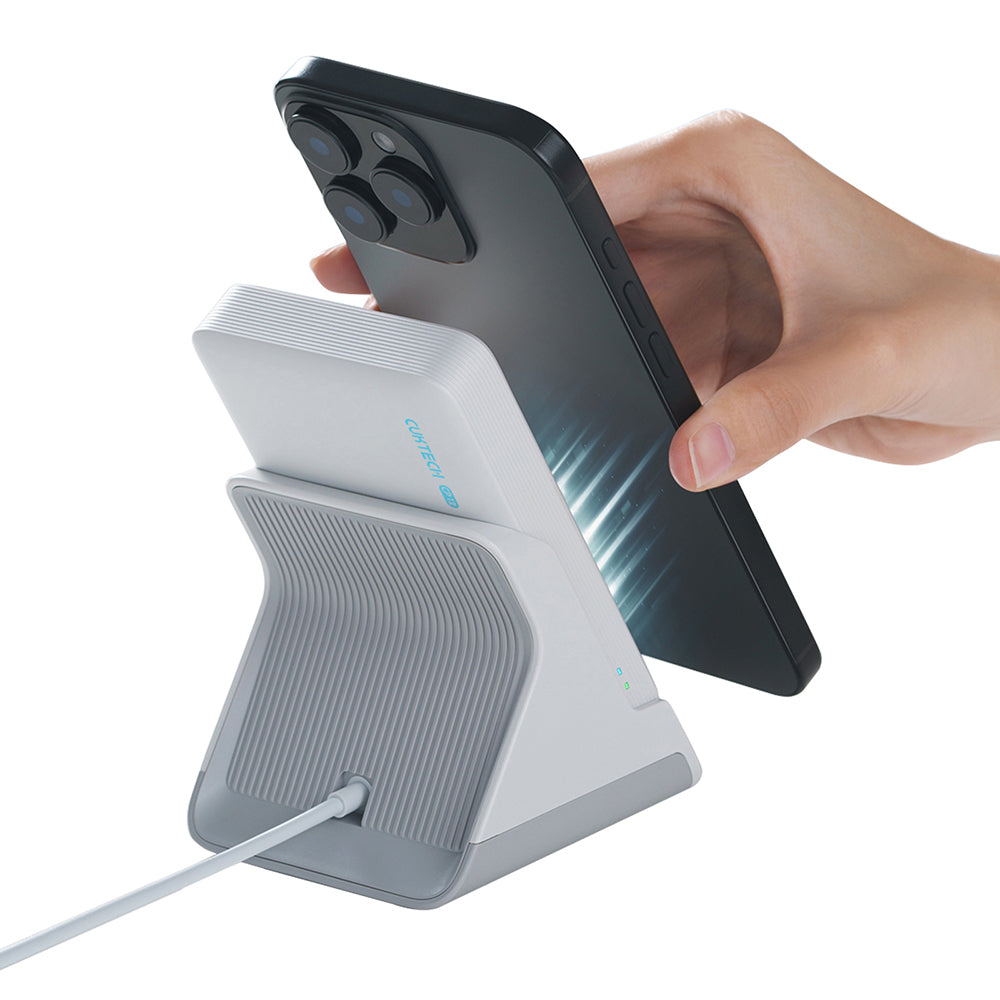 Baterie Externa Wireless Cuktech WPB100N, 10000mAh, 20W, PD + FQI, 1 x QI - 1 x USB-C, Alba CKWPB100NGLGR