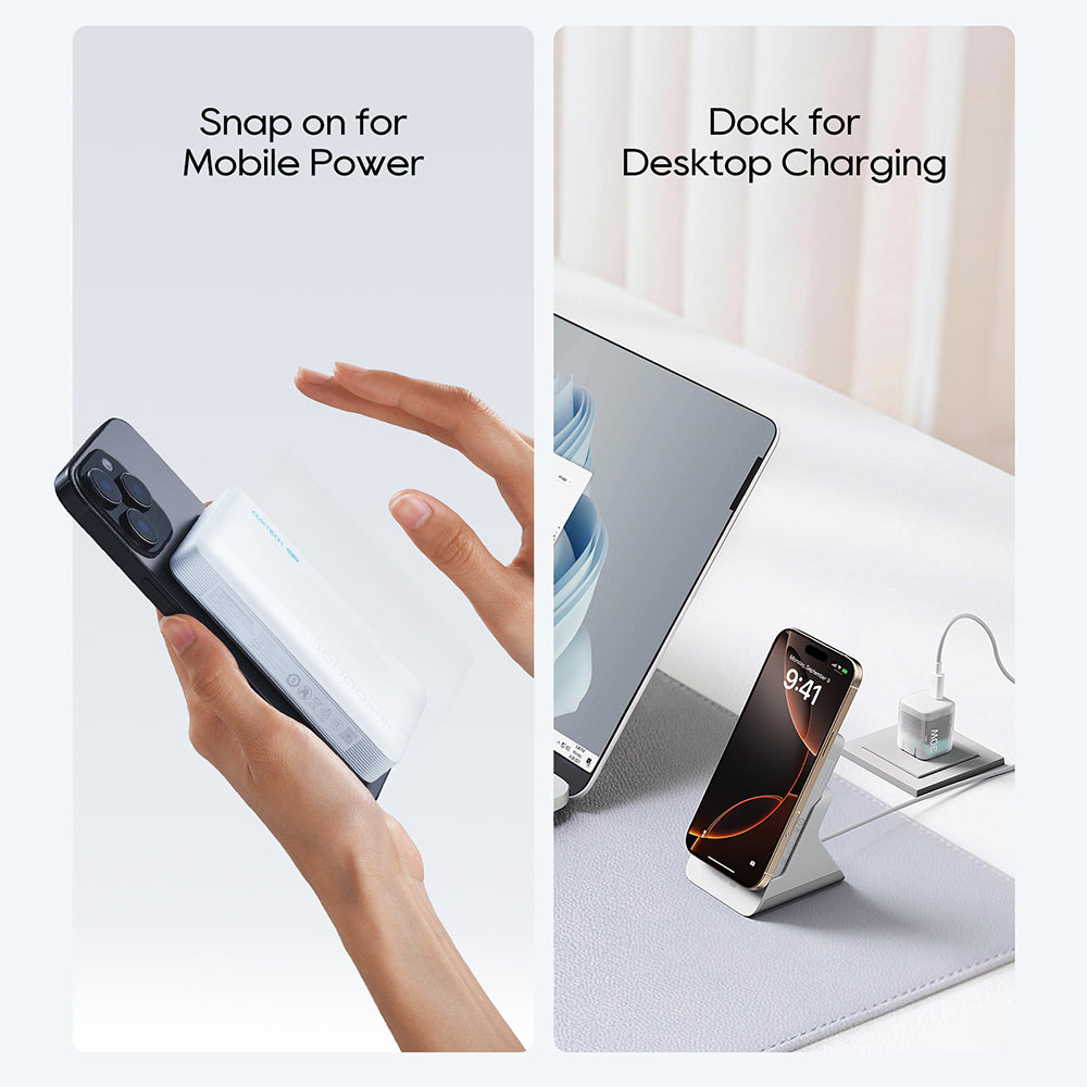 Baterie Externa Wireless Cuktech WPB100N, 10000mAh, 20W, PD + FQI, 1 x QI - 1 x USB-C, Alba CKWPB100NGLGR