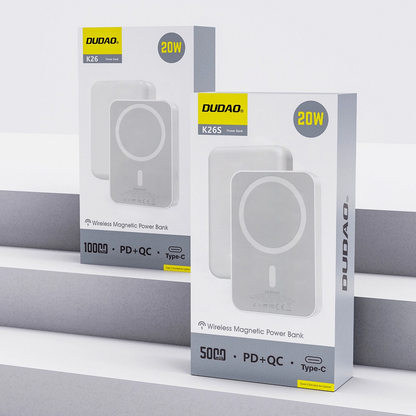 Baterie Externa Wireless Dudao K26s, 5000mAh, 20W, PD + FQI, 1 x QI - 1 x USB-C, Alba