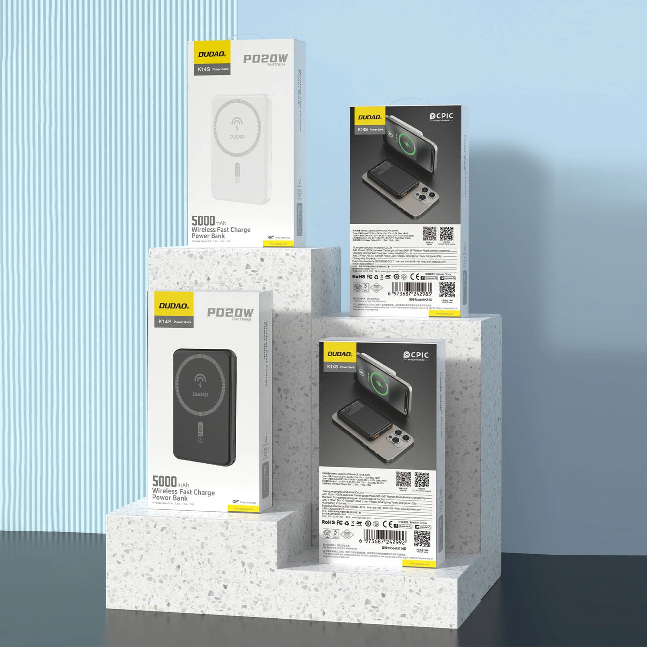 Baterie Externa Wireless Dudao K14S, 5000mAh, 20W, QC + PD + FQI, 1 x QI - 1 x USB-A - 1 x USB-C, Neagra