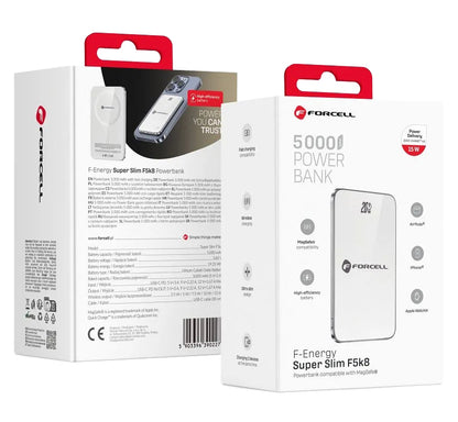 Baterie Externa Wireless Forcell F5K8, 5000mAh, 15W, PD + FQI, 1 x QI - 1 x USB-C, Alba