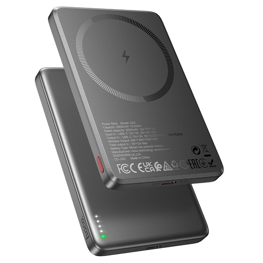 Baterie Externa Wireless HOCO Q26, 5000mAh, 20W, PD + FQI, 1 x QI - 1 x USB-C, Gri