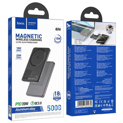 Baterie Externa Wireless HOCO Q26, 5000mAh, 20W, PD + FQI, 1 x QI - 1 x USB-C, Gri