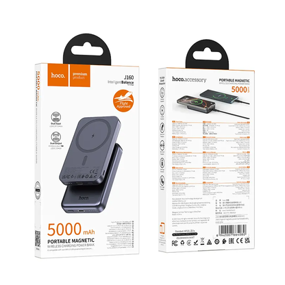 Baterie Externa Wireless HOCO J160, 5000mAh, 10W, 1 x QI - 1 x USB-C, Gri