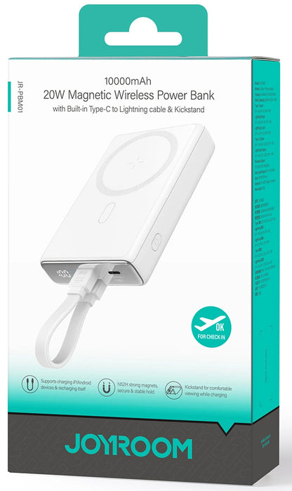 Baterie Externa Wireless Joyroom JR-PBM01, 10000mAh, 20W, QC + PD + FQI, 1 x Lightning - 1 x QI - 1 x USB-C, Alba