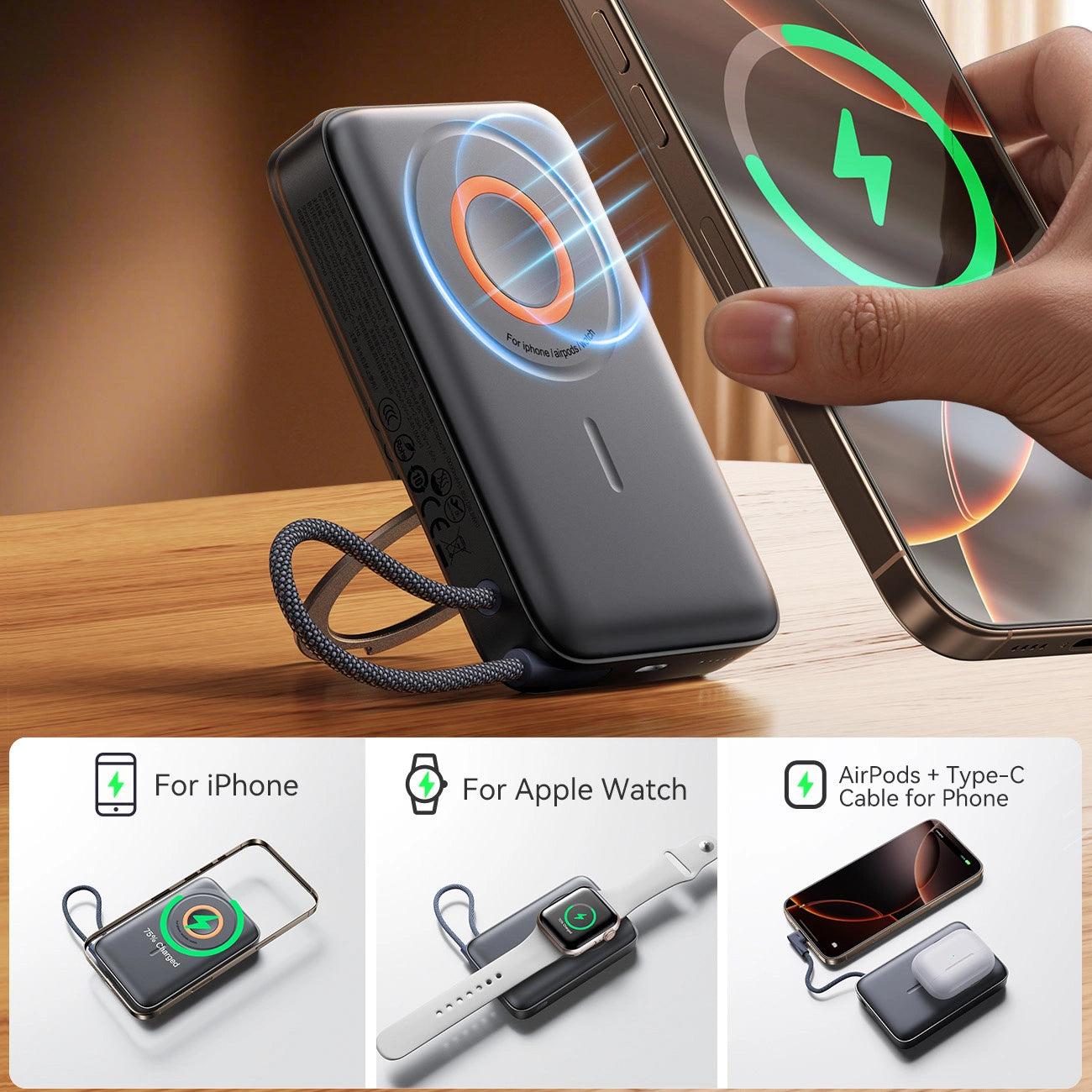 Baterie Externa Wireless Joyroom JR-PBM02, 10000mAh, 22.5W, PD + FQI, 1 x QI - 2 x USB-C, Neagra