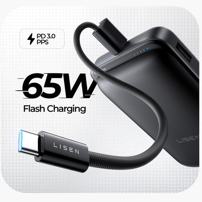 Baterie Externa Wireless Lisen P604, 10000mAh, 65W, QC + PD + FQI, 1 x QI - 1 x USB-A - 1 x USB-C, Neagra