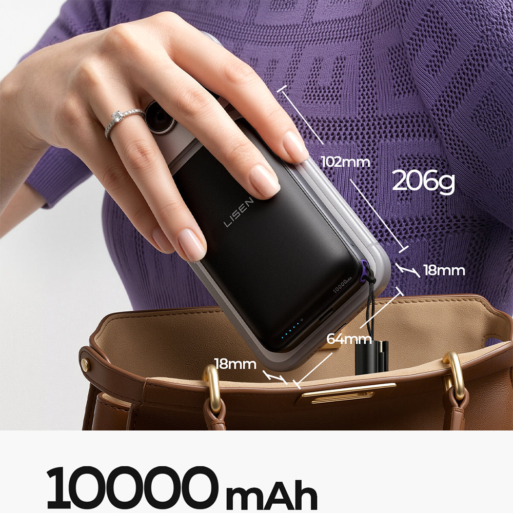 Baterie Externa Wireless Lisen P604, 10000mAh, 65W, QC + PD + FQI, 1 x QI - 1 x USB-A - 1 x USB-C, Neagra