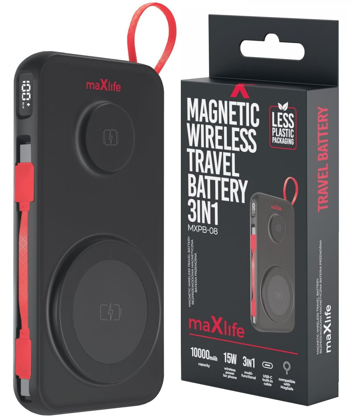 Baterie Externa Wireless MaXlife MXPB-08, 10000mAh, 22.5W, QC + PD + FQI + QI, 1 x USB-A - 1 x USB-C - 2 x QI, Neagra