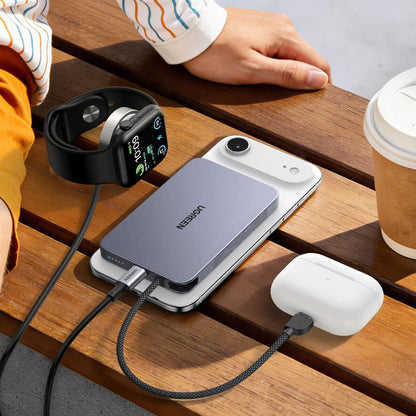 Baterie Externa Wireless UGREEN PB570 (65839B), 10000mAh, 30W, PD + FQI, 1 x QI - 2 x USB-C, Bleu