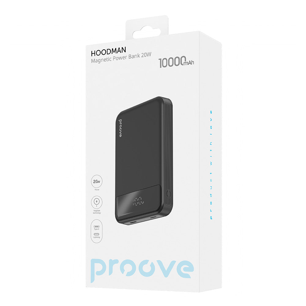 Baterie Externa Wireless Proove Hoodman, 10000mAh, 20W, PD + FQI, 1 x QI - 1 x USB-C, Neagra PBH120010001