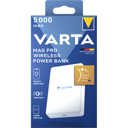 Baterie Externa Wireless Varta Mag Pro, 5000mAh, 12W, 1 x QI - 1 x USB-C, Alba
