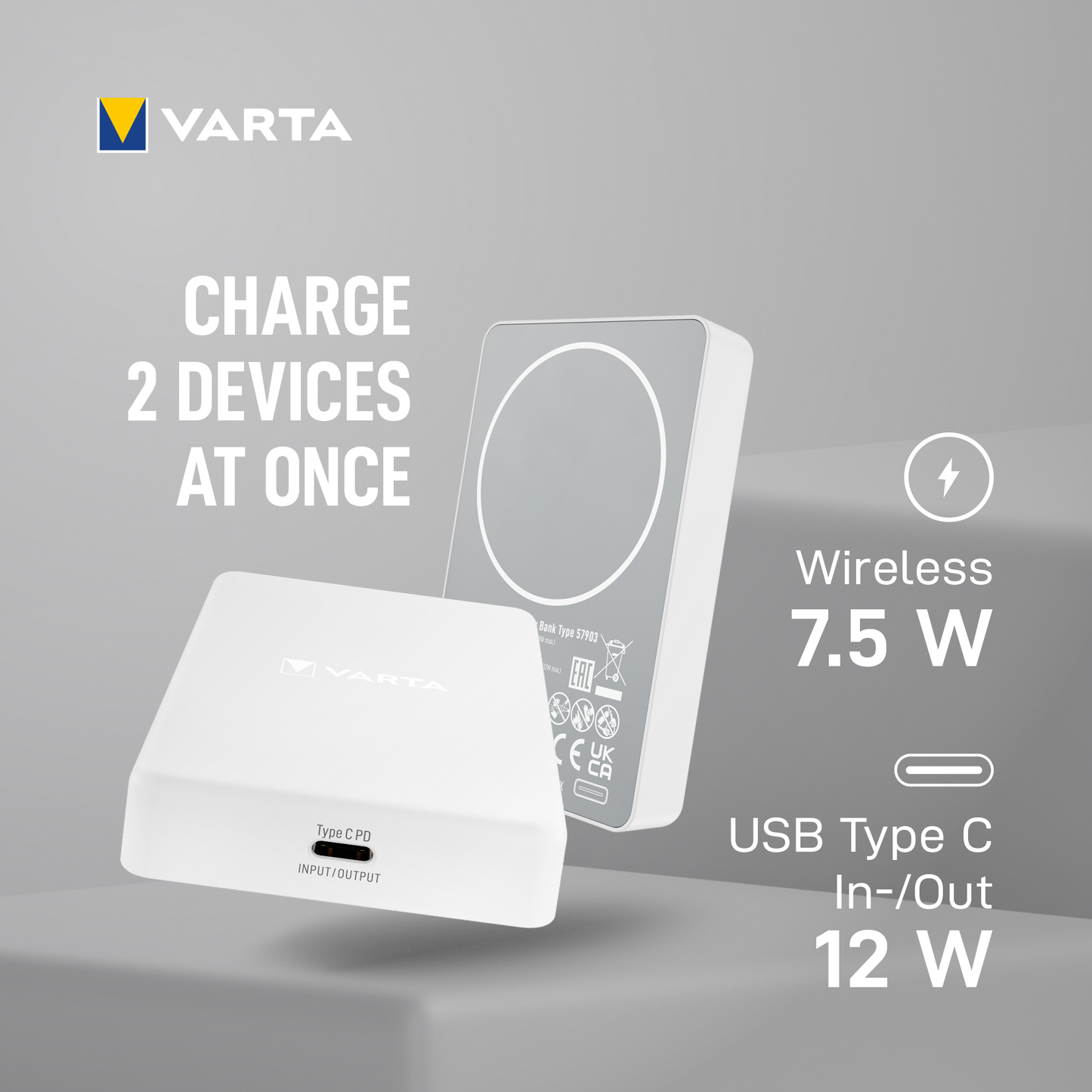 Baterie Externa Wireless Varta Mag Pro, 5000mAh, 12W, 1 x QI - 1 x USB-C, Alba
