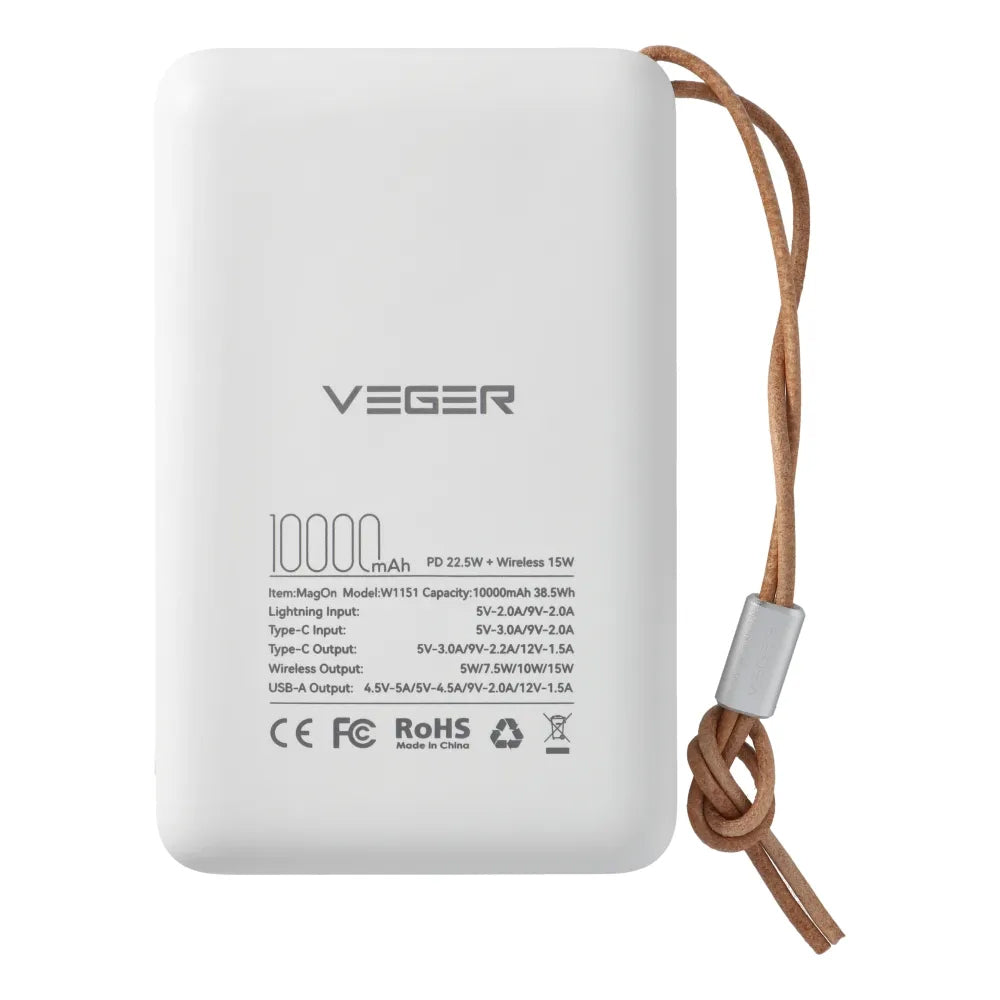 Baterie Externa Wireless Veger VP1151 / W1151, 10000mAh, 22.5W, QC + PD + FQI, 1 x QI - 1 x USB-A - 1 x USB-C, Alba