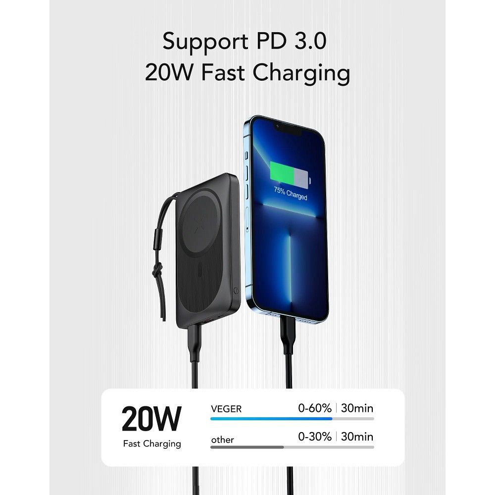 Baterie Externa Wireless Veger VP1151 / W1151, 10000mAh, 22.5W, QC + PD + FQI, 1 x QI - 1 x USB-A - 1 x USB-C, Neagra