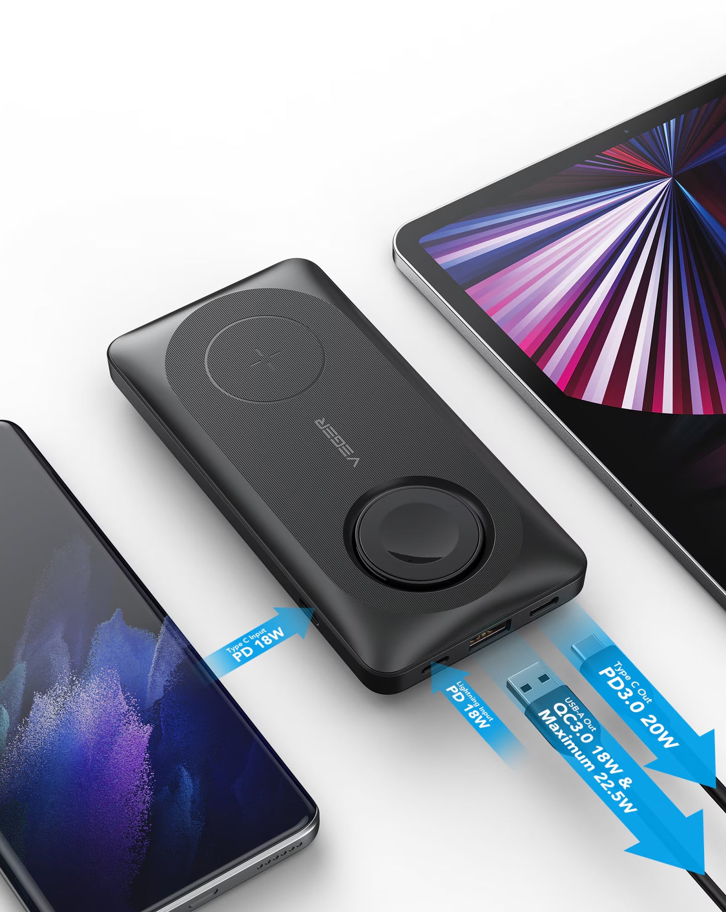 Baterie Externa Wireless Veger MagMulti W1156, 10000mAh, 22.5W, QC + PD + FQI, 2 x QI - 1 x USB-A - 1 x USB-C, Neagra