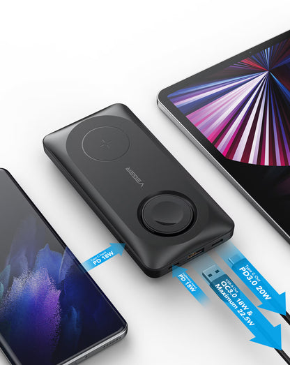 Baterie Externa Wireless Veger MagMulti W1156, 10000mAh, 22.5W, QC + PD + FQI, 2 x QI - 1 x USB-A - 1 x USB-C, Neagra