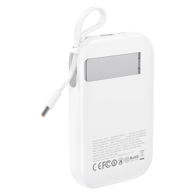 Baterie Externa Wireless XO Design PR270, 10000mAh, 22.5W, QC + PD + QI, 1 x QI - 1 x USB-A - 1 x USB-C, Alba
