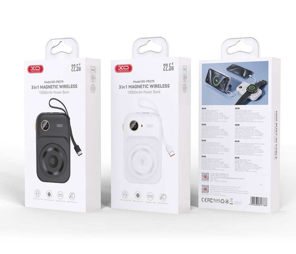 Baterie Externa Wireless XO Design PR270, 10000mAh, 22.5W, QC + PD + QI, 1 x QI - 1 x USB-A - 1 x USB-C, Alba