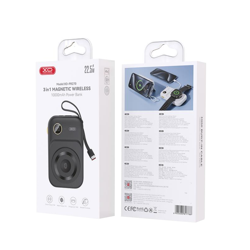 Baterie Externa Wireless XO Design PR270, 10000mAh, 22.5W, QC + PD + QI, 1 x QI - 1 x USB-A - 1 x USB-C, Neagra