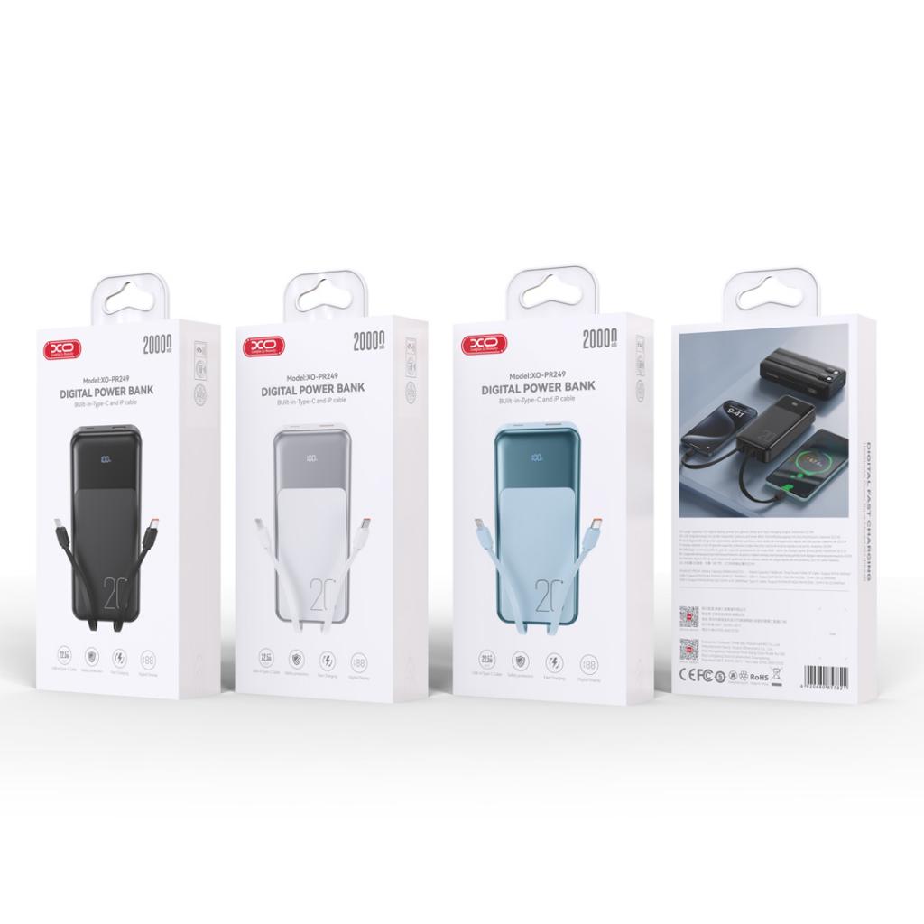 Baterie Externa XO Design PR249, 20000mAh, 22.5W, QC + PD, 1 x Lightning - 1 x USB-A - 2 x USB-C, Alba