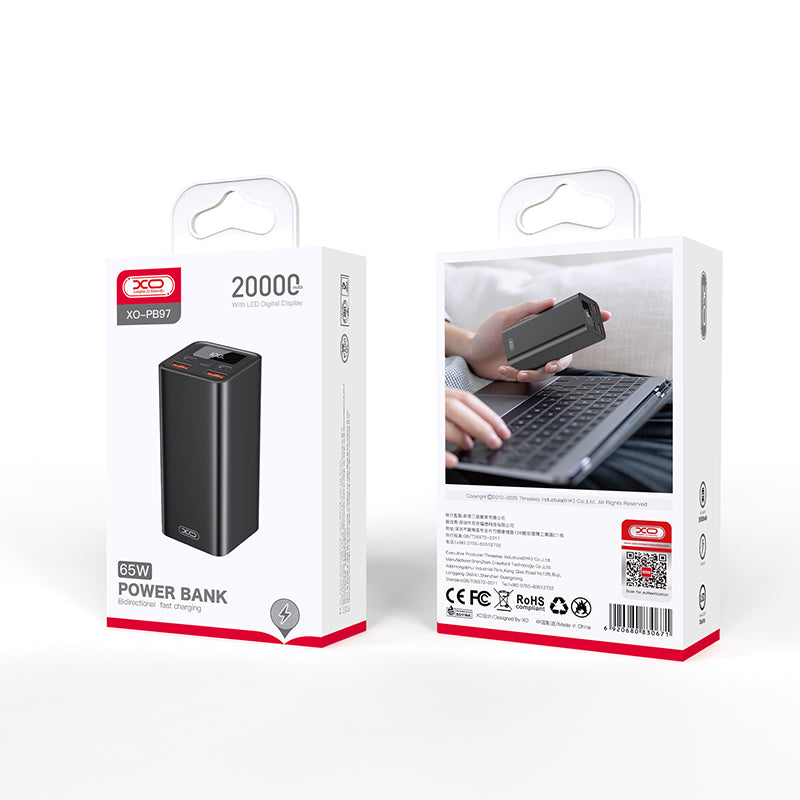 Baterie Externa XO Design PB97, 20000mAh, 65W, QC + PD, 2 x USB-A - 2 x USB-C, Neagra