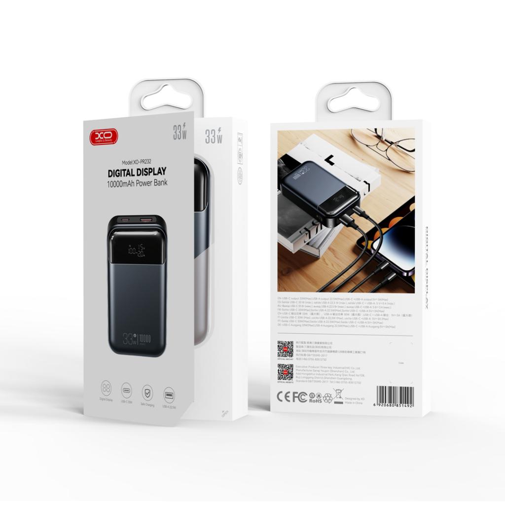 Baterie Externa XO Design PR232, 10000mAh, 33W, QC + PD, 1 x USB-A - 1 x USB-C, Neagra